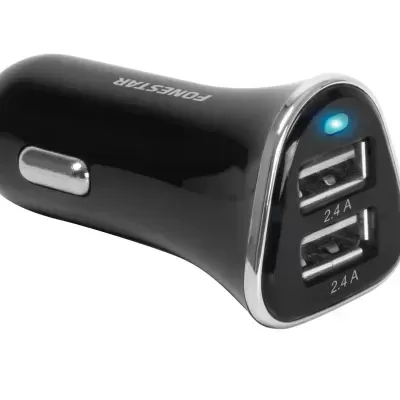 Carregador de isqueiro preto para automóvel com duas portas USB e luz LED azul