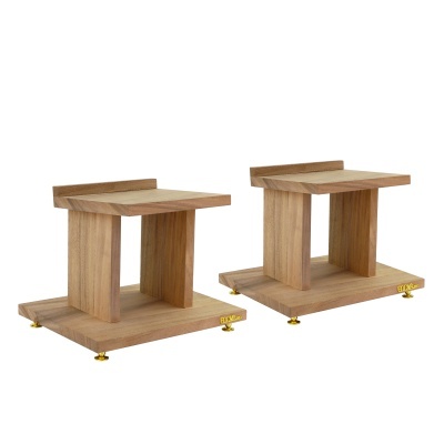 Suportes para colunas acústicas em madeira clara com pés ajustáveis dourados