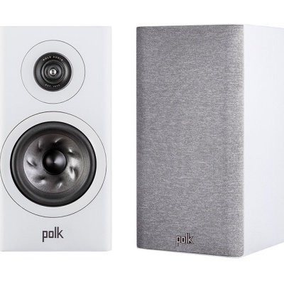 Par de colunas de som brancas com um altifalante visível e outro coberto por grelha cinza.