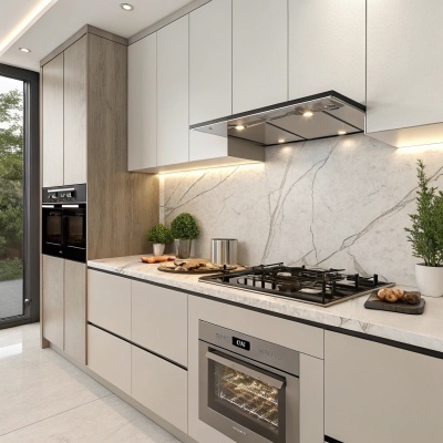 Cozinha moderna branca com bancada em pedra e eletrodomésticos embutidos