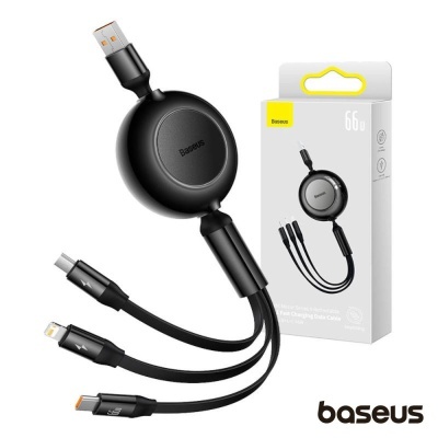 Cabo de carregamento retrátil Baseus preto com três conectores e embalagem branca