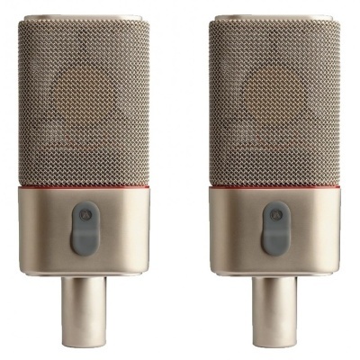 Dois microfones prateados com grelha em metal e botão cinza na base