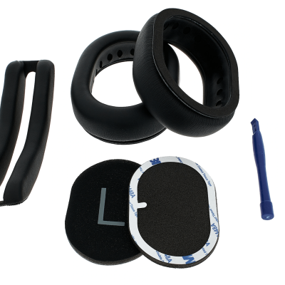 Acessórios para auriculares pretos com almofadas e ferramenta azul