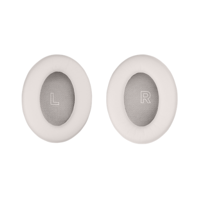 Almofadas de auscultadores branca e cinzenta com letras L e R