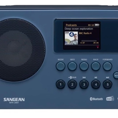 Rádio portátil azul com ecrã e botões Sangean ATS-207BT