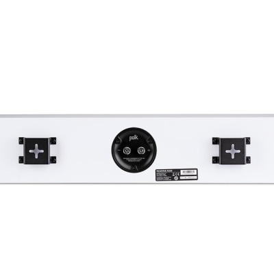 Barra de som branca com alto-falantes e conexões