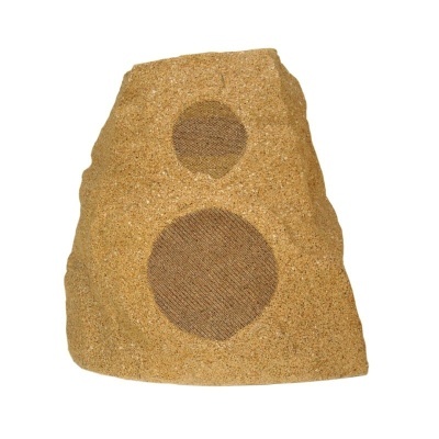 Coluna de som exterior em pedra castanha com dois altifalantes circulares