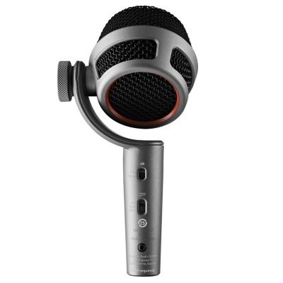 microfone esférico preto e cinzento com detalhes laranja