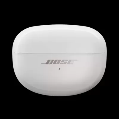 Estojo branco para auriculares sem fios BOSE com logótipo cinzento
