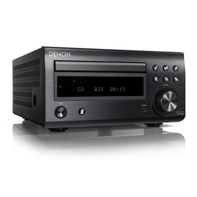 Aparelho de som Denon preto com leitor de CD e display digital