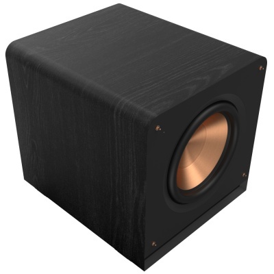 Subwoofer cúbico em madeira preta com cone metálico cobre