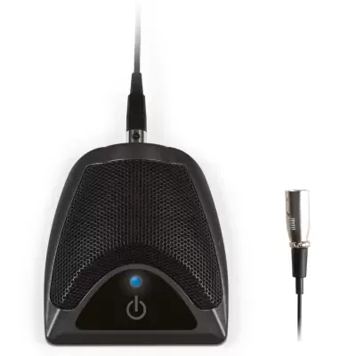 Microfone preto com conetor XLR prateado e botão de ligar com luz azul