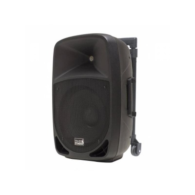 Coluna portátil preta com suporte e texto 'PROEL STAGE'