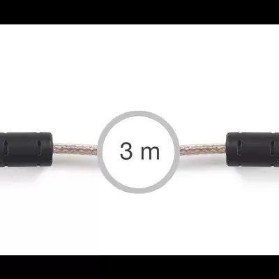 Cabo coaxial branco com conectores metálicos e duas proteções plásticas pretas.