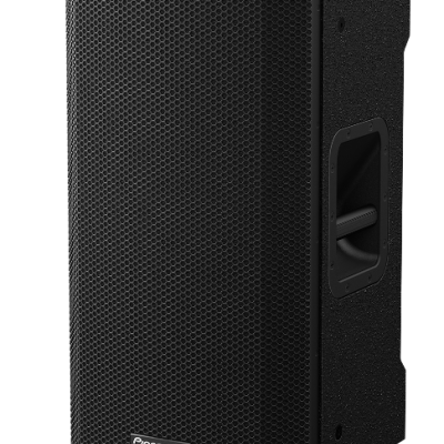 Coluna de som preta Pioneer DJ com grelha metálica e pegador lateral