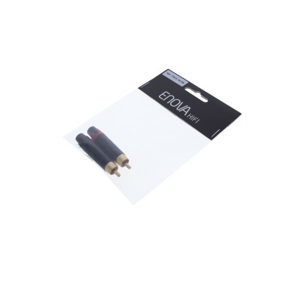 Adaptadores RCA dourados com marcas vermelha e preta em embalagem branca com cabeçalho preto ENOVA HiFi