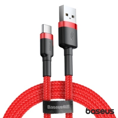 Cabo USB para USB-C trançado vermelho com conectores preto e vermelho e etiqueta Baseus