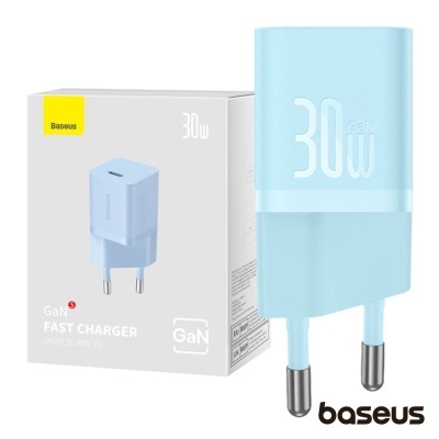 Carregador rápido Baseus GaN 30W azul claro com embalagem branca