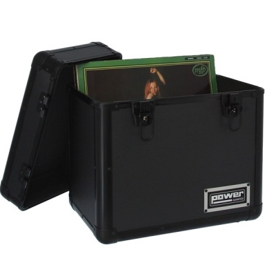 Caixa preta para armazenamento de vinis com tampa e vinis dentro