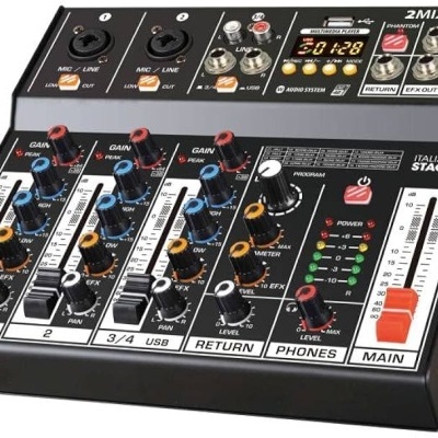 Mesa de mistura áudio preta com botões e entradas