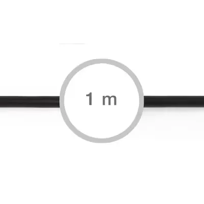 Cabo de fibra ótica preto com conectores Toslink e etiqueta indicando 1 metro