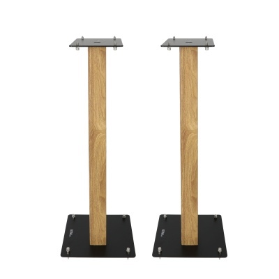 Par de suportes para colunas de som em metal preto e madeira clara