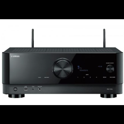 Amplificador estéreo preto com ecrã digital e antenas