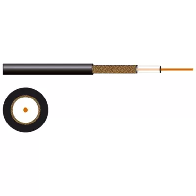 Cabo coaxial preto com malha metálica dourada e fio central laranja.