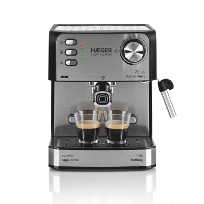 Máquina de café espresso Haeger Super Espresso preta e inox com duas chávenas de café