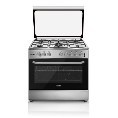 Fogão de piso em inox e vidro preto com cinco bocas e tampa de vidro