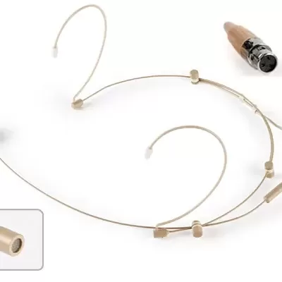 Microfone tipo headset bege com fios e peças para ajuste, fundo branco