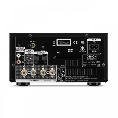 Parte traseira do receptor de CD DENON RCD-M41 com várias conexões e etiquetas