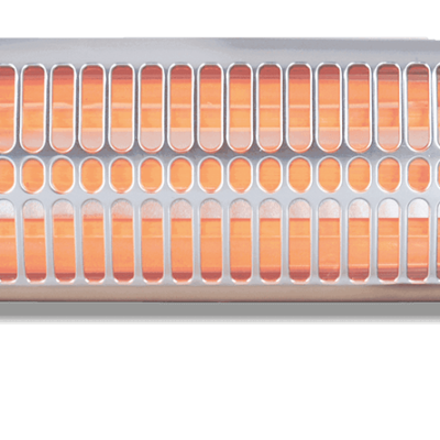 Aquecedor elétrico Haeger com grelha branca, resistências âmbar e cordão pendurado.