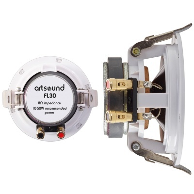 Coluna de som branca artsound FL30 vista de frente e de lado