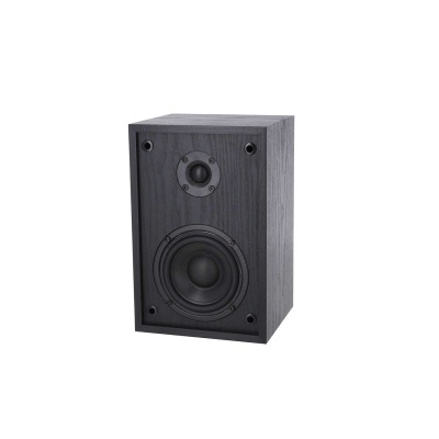 Coluna de som negra com acabamento em madeira e dois altifalantes na frente