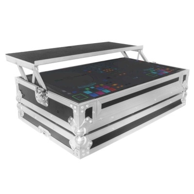 Mesa DJ profissional preta e prateada com painel superior ajustável