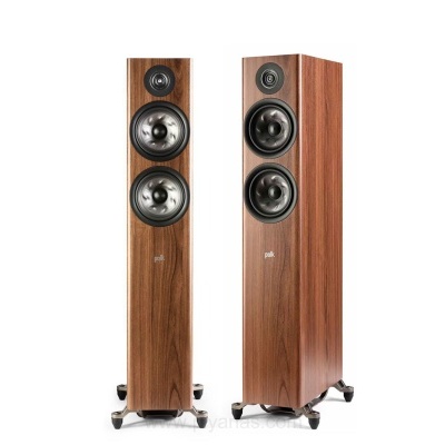 Coluna de som alta torre castanha com caixas de som circulares