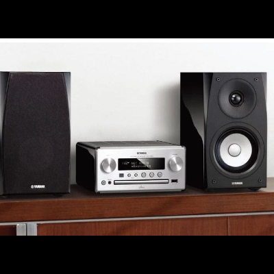 Conjunto de áudio com amplificador prateado e duas colunas pretas sobre móvel em madeira