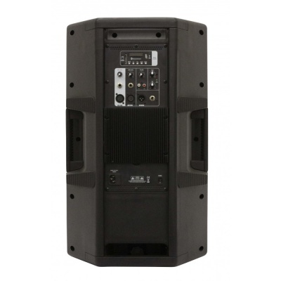 coluna de som preta com painel traseiro com entradas e botões