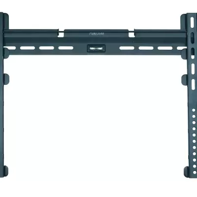 Suporte de parede preto para TV em metal com várias aberturas e ranhuras