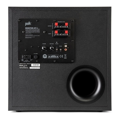 Subwoofer Polk Monitor XT12 preto com painel traseiro e conexões