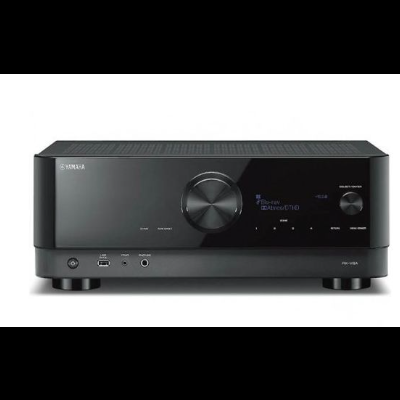 Amplificador de áudio preto com ecrã digital e botões frontais