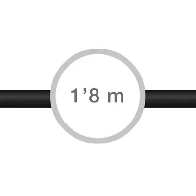 Cabo HDMI preto com conectores dourados e indicação de comprimento 1,8 metros