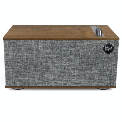 Coluna de som Klipsch com madeira castanha e tecido cinzento