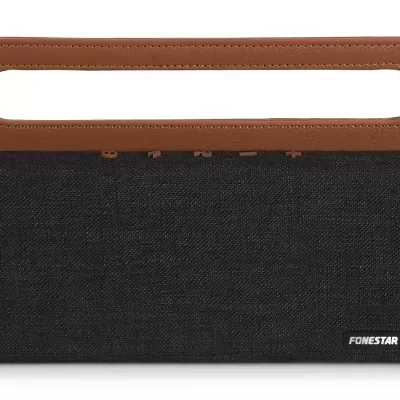 Coluna áudio portátil preta e castanha com pega superior