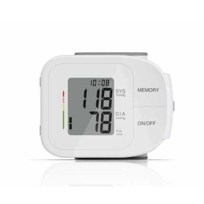 Monitor de pressão arterial digital branco com visor LCD e botões
