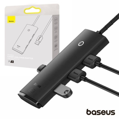 Adaptador Hub USB Baseus preto com cabo e embalagem
