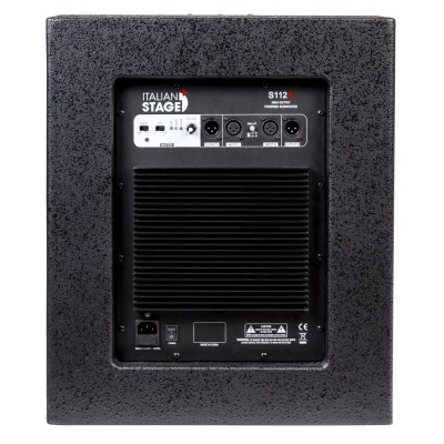 Coluna amplificada preta Italian Stage S112 com painel traseiro de controlo e entradas de áudio
