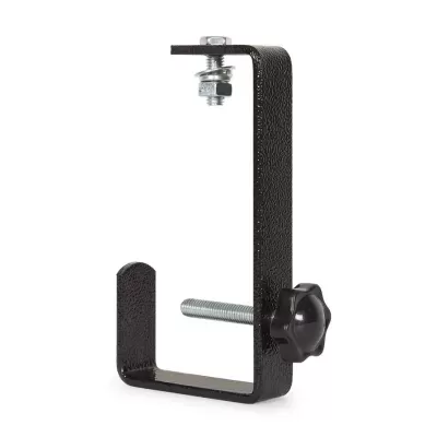 Suporte em metal preto com parafuso de aperto e porca preta em forma de estrela