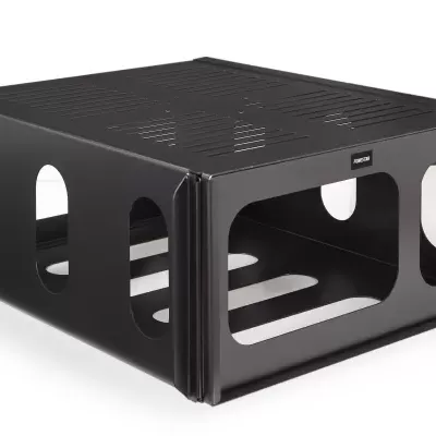 Suporte organizador preto de metal com aberturas laterais e frente aberta